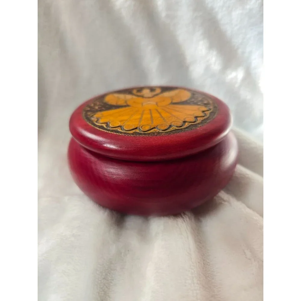 Polish Wooden Trinket‎ Box Angel Hand Crafted Design Red Finish Village House